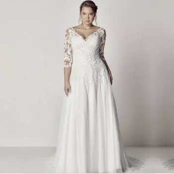 Женское свадебное платье, ТРАПЕЦИЕВИДНОЕ шифоновое платье с рукавами 3/4 и V-образным вырезом