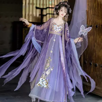 Женское традиционное платье Hanfu с вышивкой, карнавальный костюм Hanfu цвета фиолетовый и желтый