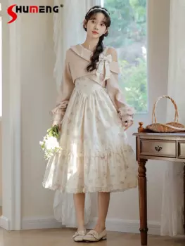 Женское ТРАПЕЦИЕВИДНОЕ ПЛАТЬЕ на бретельках, розовое платье с открытыми плечами и длинным рукавом, с цветочным принтом, с завышенной талией, в японском стиле девушки из леса, длинное платье без рукавов