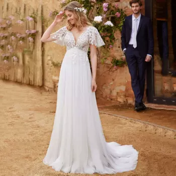 Женское ТРАПЕЦИЕВИДНОЕ свадебное платье, простое Тюлевое платье с коротким рукавом и V-образным вырезом