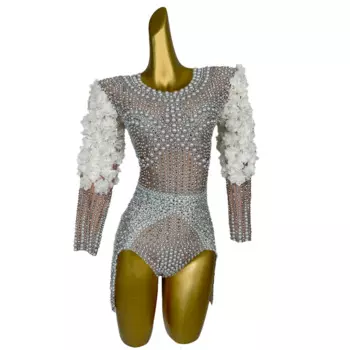 Женское трико с бусинами, одежда для выступлений на сцене, Женское боди с белыми цветами и жемчужинами, танцевальный костюм на день рождения, яркий костюм Baihuaxiu