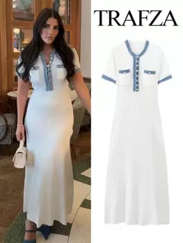 Женское трикотажное джинсовое платье с коротким рукавом и карманами