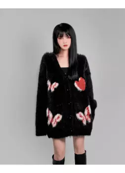 Женское трикотажное Пальто Harajuku, черное свободное трикотажное пальто с длинным рукавом и V-образным вырезом, Осень-зима