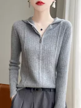 Женское трикотажное пальто с капюшоном и воротником-капюшоном