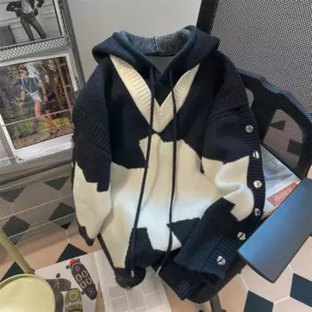 Женское трикотажное пальто с капюшоном, в стиле оверсайз