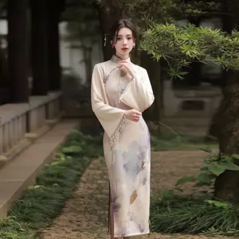 Женское трикотажное платье-Ципао с бахромой и расклешенными рукавами