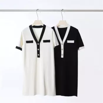 Женское трикотажное платье из вискозы, черное платье с коротким рукавом и V-образным вырезом