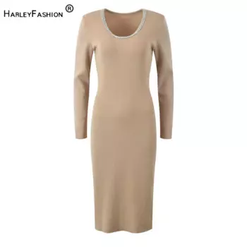 Женское трикотажное платье миди с длинным рукавом и круглым вырезом