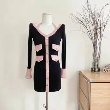 Женское трикотажное платье-миди с длинным рукавом, V-образным вырезом и пуговицами