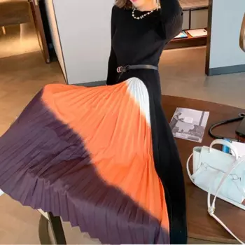 Женское трикотажное платье-миди с длинным рукавом, в стиле пэчворк