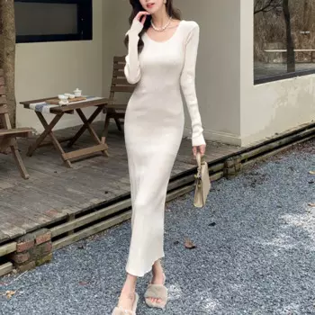 Женское трикотажное платье-миди с круглым вырезом, в стиле Харадзюку