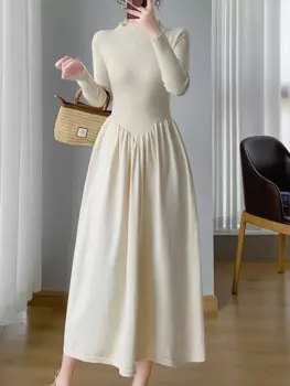 Женское трикотажное платье-миди с высокой талией и длинным рукавом