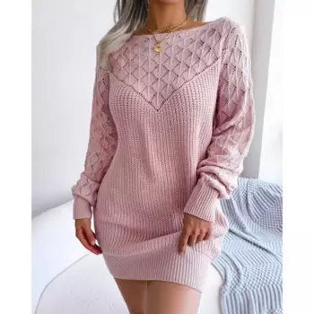 Женское трикотажное платье-пуловер с вырезом лодочкой и длинными рукавами