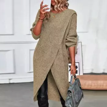 Женское трикотажное платье с длинным рукавом и круглым вырезом