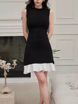 Женское трикотажное платье в стиле пэчворк, черно-белое контрастное винтажное элегантное облегающее платье без рукавов с высокой талией