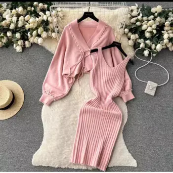 Женское трикотажное платье в стиле ретро, свободное мягкое восковое платье с рукавом летучая мышь и V-образным вырезом, осенне-зимний костюм из двух предметов