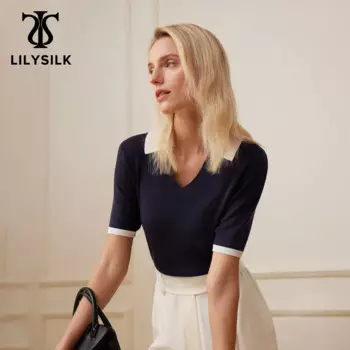 Женское трикотажное поло LILYSILK, элегантный топ из 100% шелка с короткими рукавами и цветными блоками, для офиса