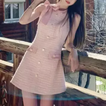 Женское твидовое платье без рукавов, маленькое летнее платье с круглым вырезом и бантом, милое шикарное короткое платье-майка в французском стиле