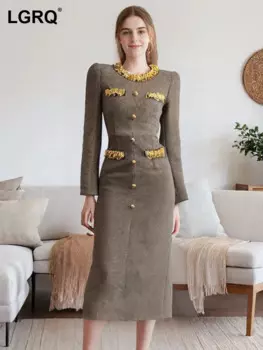 Женское твидовое платье с круглым вырезом, длинным рукавом