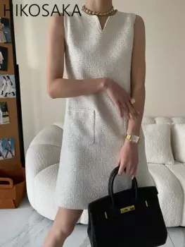 Женское твидовое платье с вышивкой, без рукавов