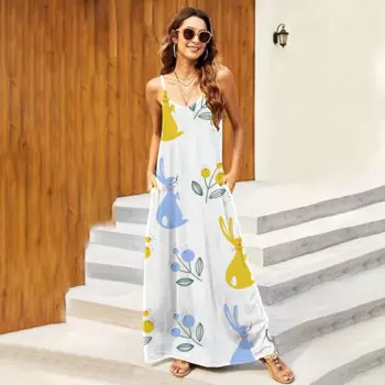 Женское уличное Платье с принтом Kwaii, Новинка лета 2024, повседневное Модное Длинное Платье с V-образным вырезом, повседневное Элегантное платье без рукавов