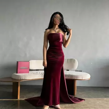 Женское вечернее платье без бретелек, однотонное элегантное велюровое платье-футляр со шлейфом и открытой спиной, до щиколотки, для торжественных случаев, 2024