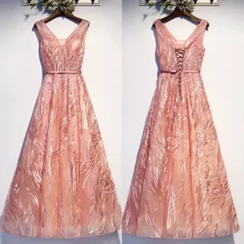 Женское вечернее платье без рукавов, розовое оранжевое платье с вышивкой и V-образным вырезом