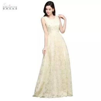 Женское вечернее платье цвета шампанского, кружевное длинное ТРАПЕЦИЕВИДНОЕ ПЛАТЬЕ с круглым вырезом и жемчужинами, праздничное платье без рукавов, Доставка 24 часа