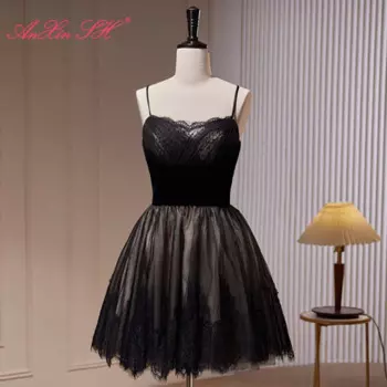 Женское вечернее платье на бретельках AnXin SH, черное кружевное блестящее короткое платье принцессы в французском ретро стиле, маленькое черное платье