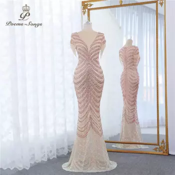 Женское вечернее платье-русалка, белое платье с коротким рукавом, расшитое бисером