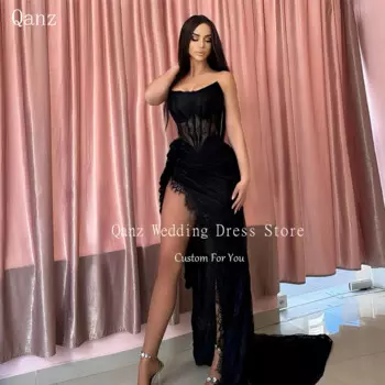 Женское вечернее платье-Русалка Qanz, черное кружевное платье с высоким разрезом и аппликацией, роскошный корсет на спине, модель 2024