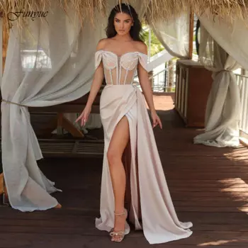 Женское вечернее платье-Русалка с открытыми плечами и бусинами