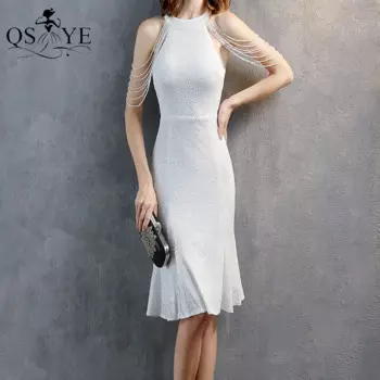 Женское вечернее платье с блестками, белое короткое вечернее платье на бретелях с блестками, женское Короткое платье-Русалка белого цвета