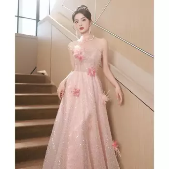 Женское вечернее платье с блестками и открытой спиной, ТРАПЕЦИЕВИДНОЕ розовое платье с блестками и лямкой на шее