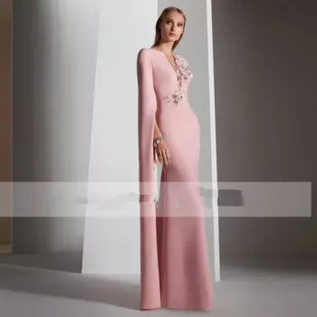 Женское вечернее платье с длинным рукавом, розовое платье с длинным рукавом