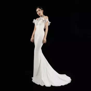 Женское вечернее платье с лямкой на шее, белое платье ручной работы с бисером и оборками по краям, сексуальный наряд подружки невесты, костюмы для хозяйки H688,