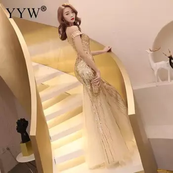 Женское вечернее платье с открытыми плечами, элегантное Сетчатое платье с золотыми блестками, открытой спиной и шнуровкой, праздничное платье-Русалка