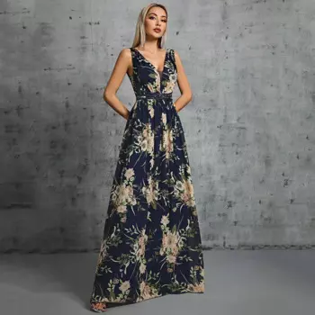 Женское вечернее платье, сексуальное платье с глубоким v-образным вырезом и открытой спиной, темпераментное платье, коктейльное платье для выпускного, модное платье с цветочным принтом, индивидуальность