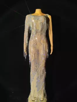 Женское вечернее платье со сверкающими бриллиантами, роскошное Сетчатое платье на день рождения с бриллиантовой цепочкой, Женский костюм для выступления на сцене, певицы