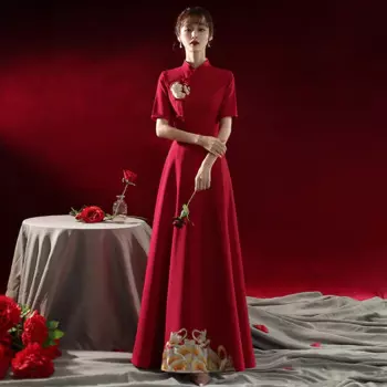 Женское вечернее платье в китайском стиле, элегантное Бордовое платье с короткими рукавами