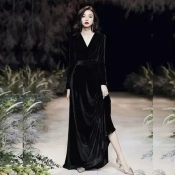 Женское велюровое платье-Ципао с V-образным вырезом и длинным рукавом