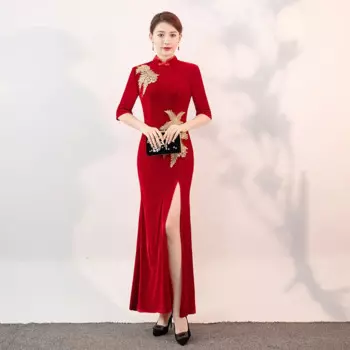 Женское весеннее платье-Ципао с вышивкой и коротким рукавом