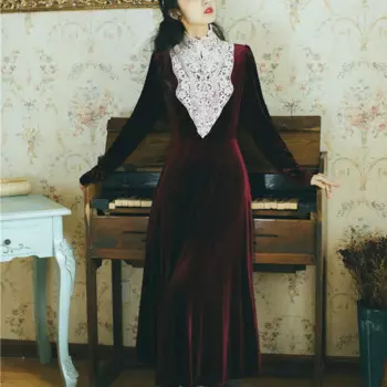 Женское винтажное бархатное платье YAMDI, роскошные трапециевидные платья в стиле бохо, элегантное лоскутное кружевное платье с длинным рукавом, весна-лето 2020