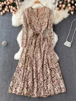 Женское винтажное длинное платье, элегантное кружевное платье с французской вышивкой и цветочным принтом, Повседневное платье с длинным рукавом, весна