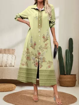 Женское винтажное длинное платье-рубашка с длинным рукавом и цветочным принтом