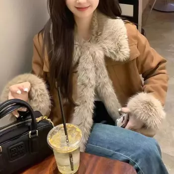 Женское винтажное короткое пальто из искусственного замши мелrad коричневого цвета, зима 2024, повседневная зимняя куртка в корейском стиле, эстетичная флокированная куртка