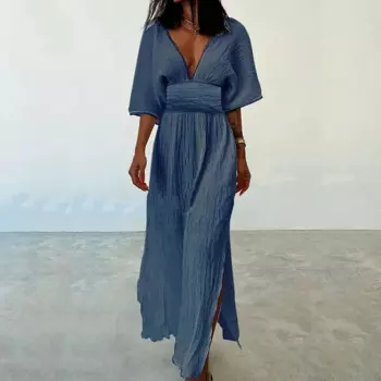 Женское винтажное однотонное хлопково-льняное платье, весенняя туника с глубоким v-образным вырезом, длинное платье с разрезом, летние платья макси в стиле бохо с рукавами «летучая мышь», Vestido