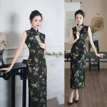 Женское винтажное платье-Ципао с цветочным принтом, без рукавов