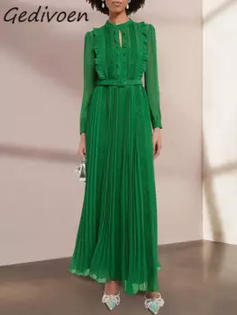 Женское винтажное платье Gedivoen, летнее модельное зеленое платье с круглым вырезом и оборками, приталенное длинное кружевное платье с присборенной талией