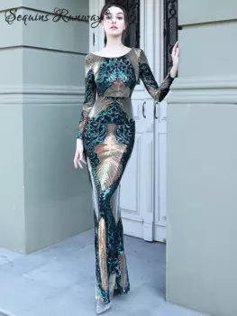 Женское винтажное платье-макси с длинным рукавом и блестками